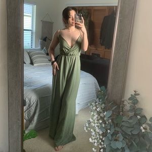 Flying Tomato Sage Green Striped Wide-Legged Jumpsuit